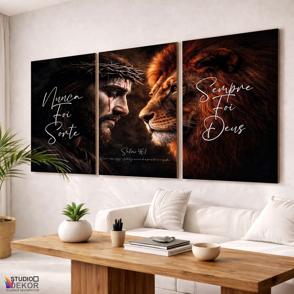 Quadro Decorativo Salmo 46:1 Arte Jesus Leão de Judá Religioso Nunca Foi Sorte Sempre Foi Deus