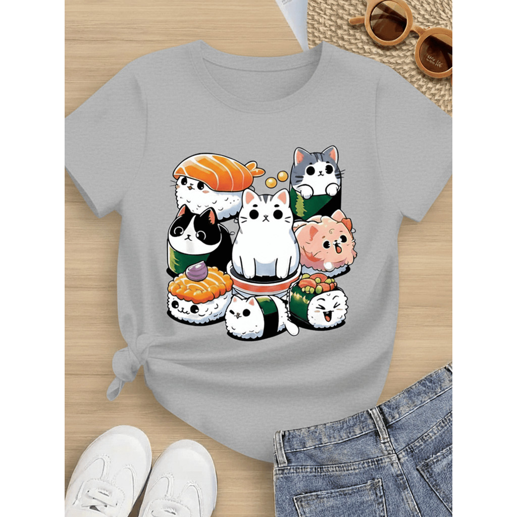 Tshirt Feminina Gatinhos e Sushi Estilosa Estampada Lançamento Camiseta 100% Algodão Camisetão Camisa - Estampaê