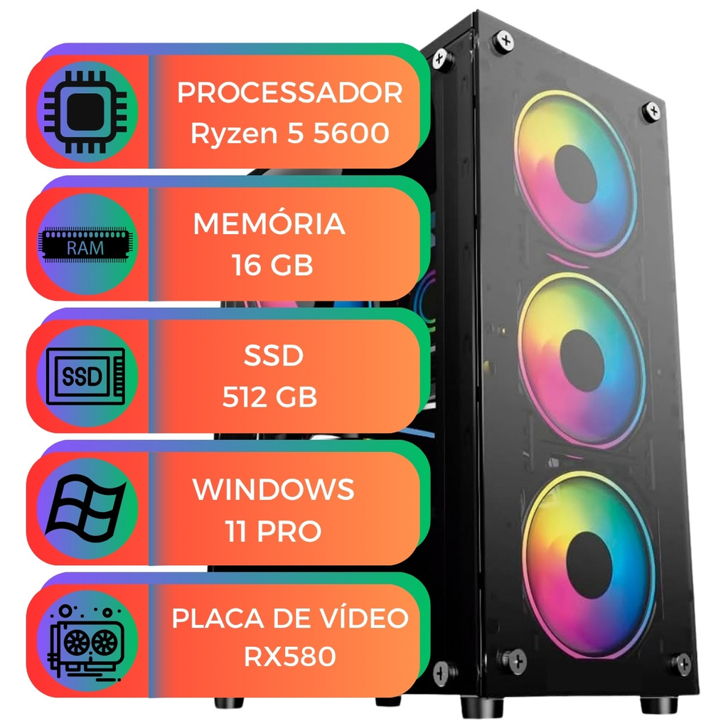 Computador Gamer MultiPC Ryzen 5 5600 com RX580 DDR5 Memória RAM 16GB SSD 512GB 