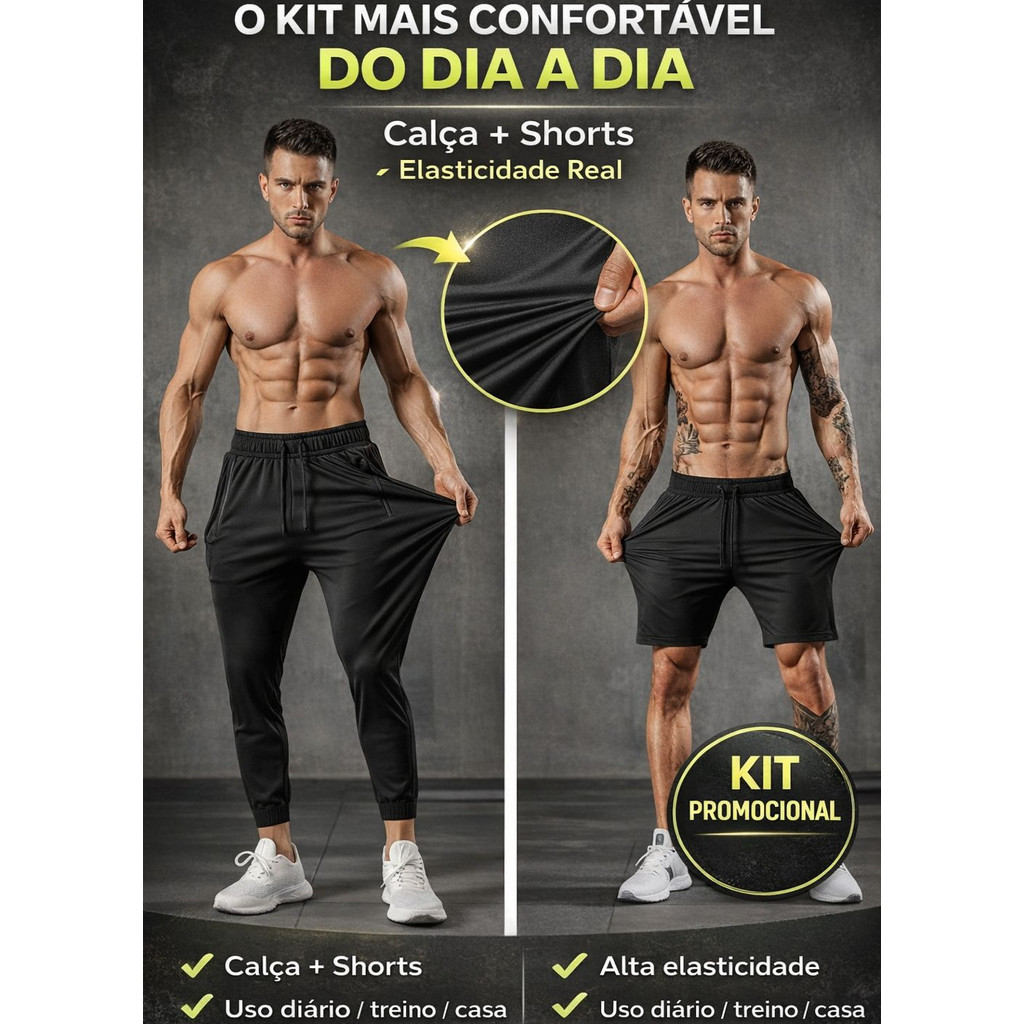 Calça Masculina Em Poliamida Jogger Esportiva Academia Slim Treino + Short Em Poliamida
