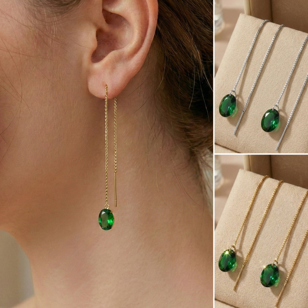Brinco Corrente Longa Pendente Zircônia Verde Esmeralda Luxo Banhado a Ouro 18k ou Prata 925