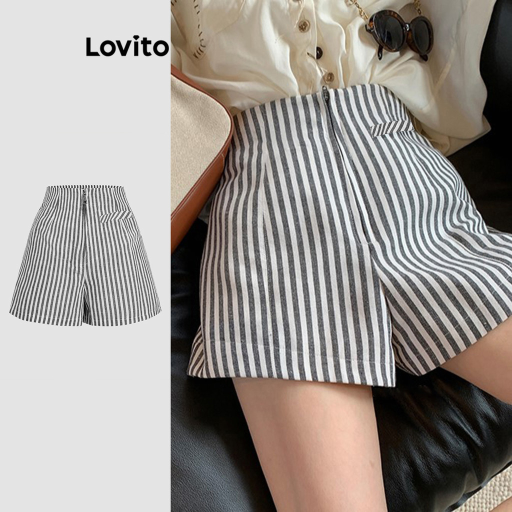 Lovito Shorts Casuais Listrados Com Bolso Falso Para Mulheres L113MD320 em Oferta na Shopee