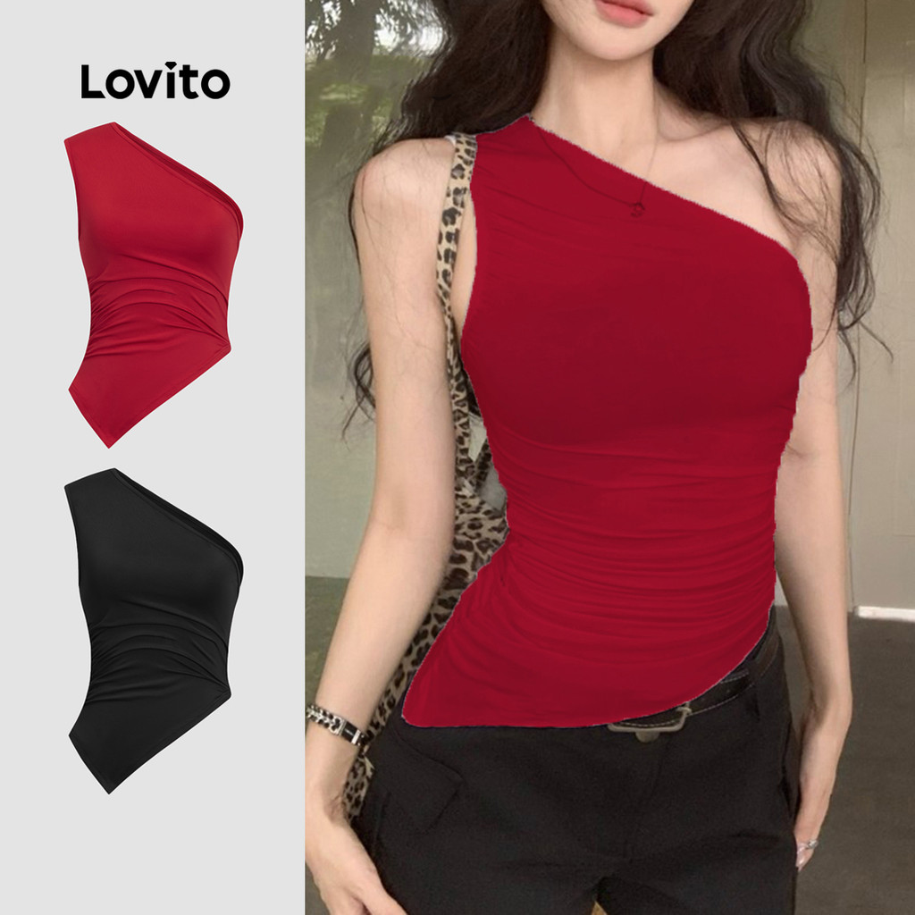 Lovito Regata Casual Lisa Com Franzido Para Mulheres L104ED738 em Oferta na Shopee