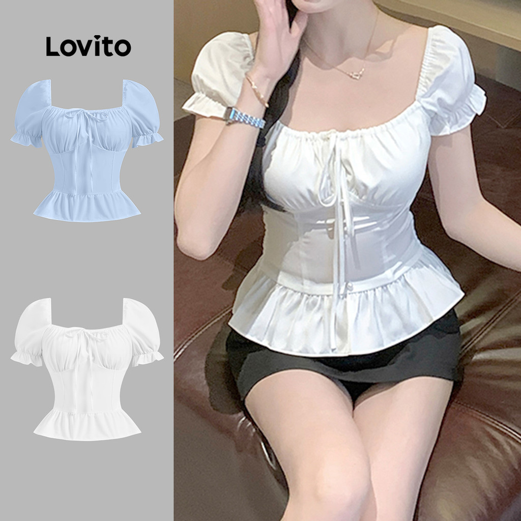 Lovito Blusa Casual De Verão Com Babados Lisos Para Mulheres L123ED727 em Oferta na Shopee
