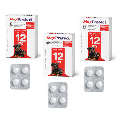 Kit 3 Ivermectina 12mg P/ Cães de 30kg a 60kg - Vermífugo Combate Pulgas Sarna Vermes Carrapatos