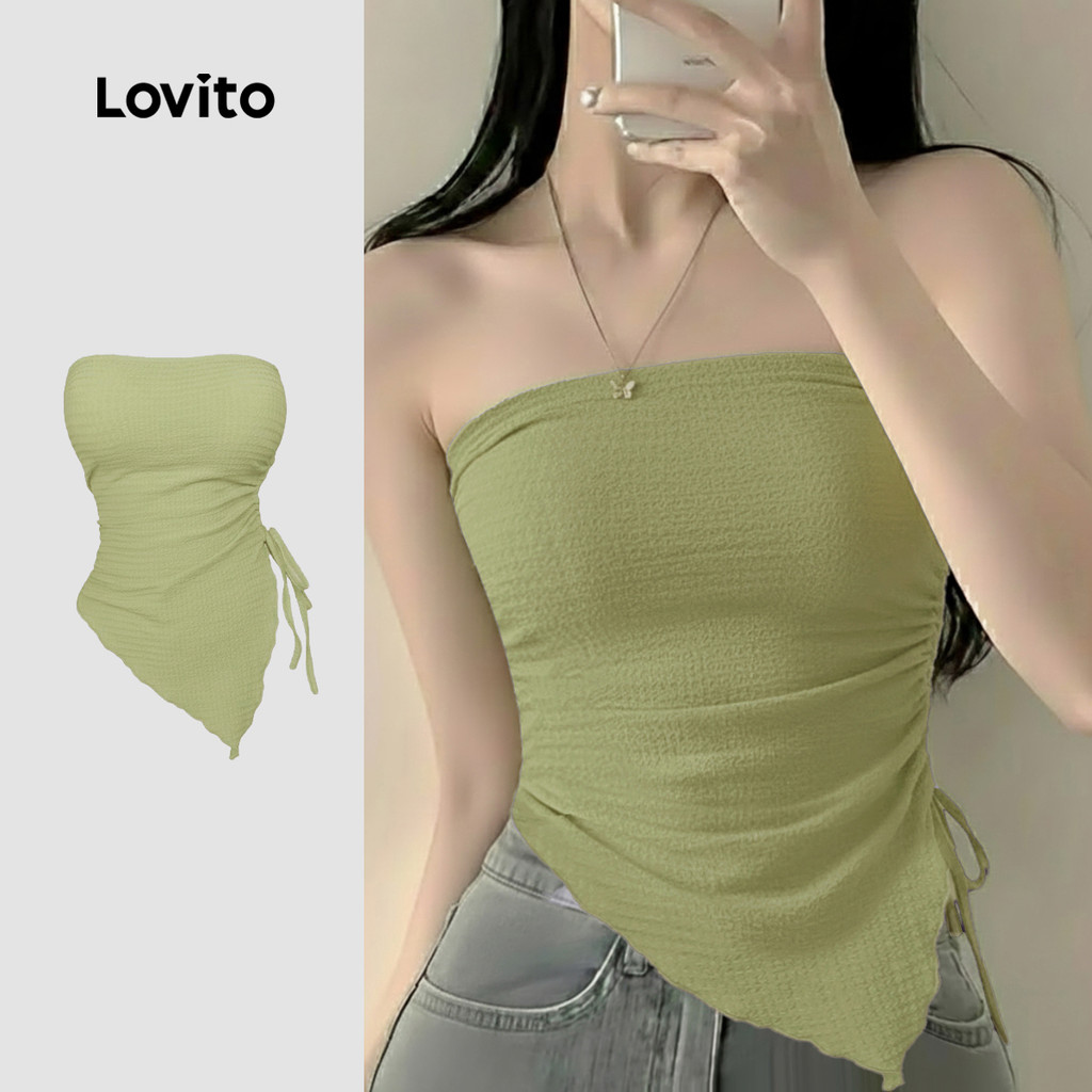 Lovito  Casual Top Plissado Padrão Amarração Primavera/verão Top Verde Claro para Mulheres. LNE134069 em Oferta na Shopee