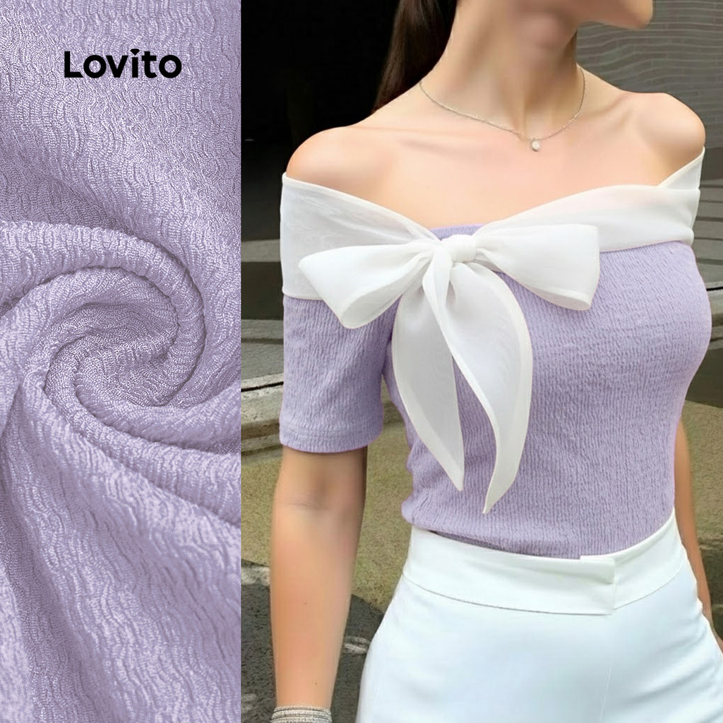 Lovito  Camiseta Casual Plissada Colorblock Laço Primavera/verão Roxa para Mulheres L171ED580 em Oferta na Shopee