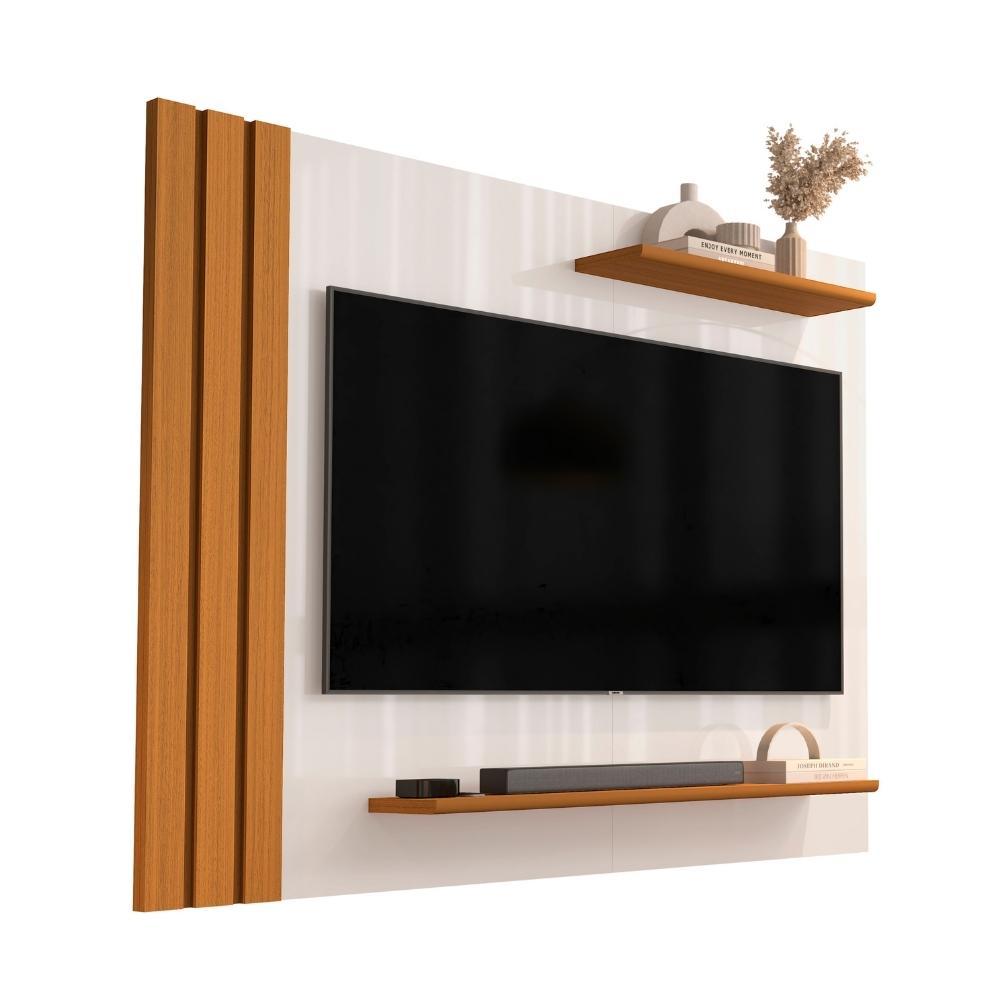 Painel Para TV Até 40 Polegadas Detalhe Ripado Com Prateleiras Aden Off White/Madeirado em Oferta na Shopee