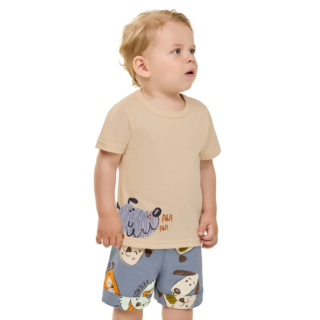 Conjunto Bebê Menino Curto Cachorrinhos Elian Bege