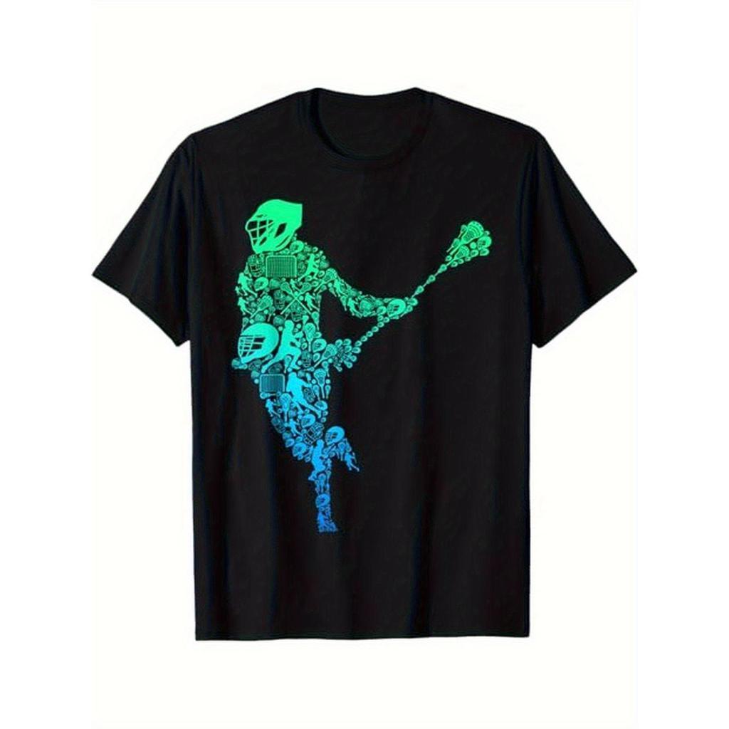 Camiseta gráfica de jogador de lacrosse masculino - Gola redonda em algodão preto, design verde e azul vibrante, present