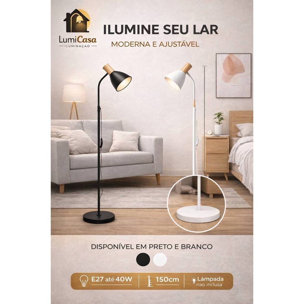 Luminária de Chão 150cm E27 40W em Metal | Abajur de Piso Moderno para Sala, Quarto e Escritório