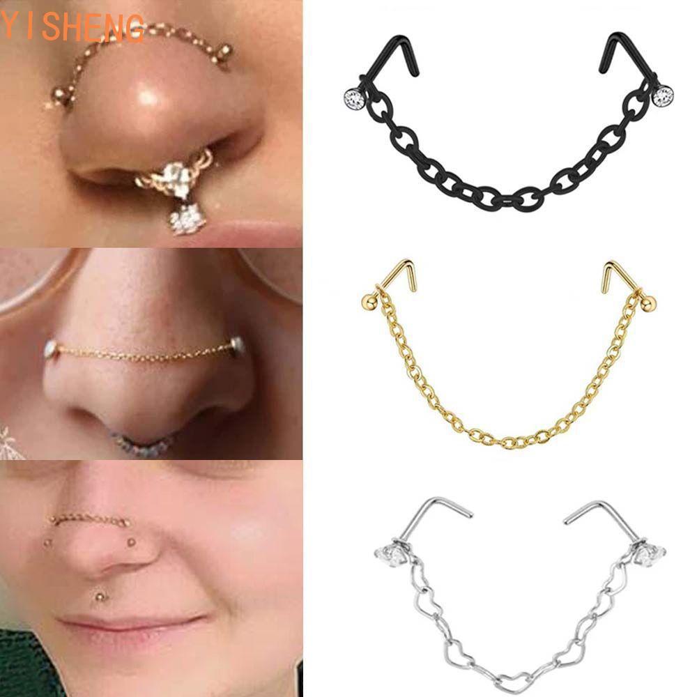 YISHENG Nariz Piercing Anel Feminino Hip Hop Aço Inoxidável Amor Coração Corrente Strass Brincos Parafuso Prisioneiro