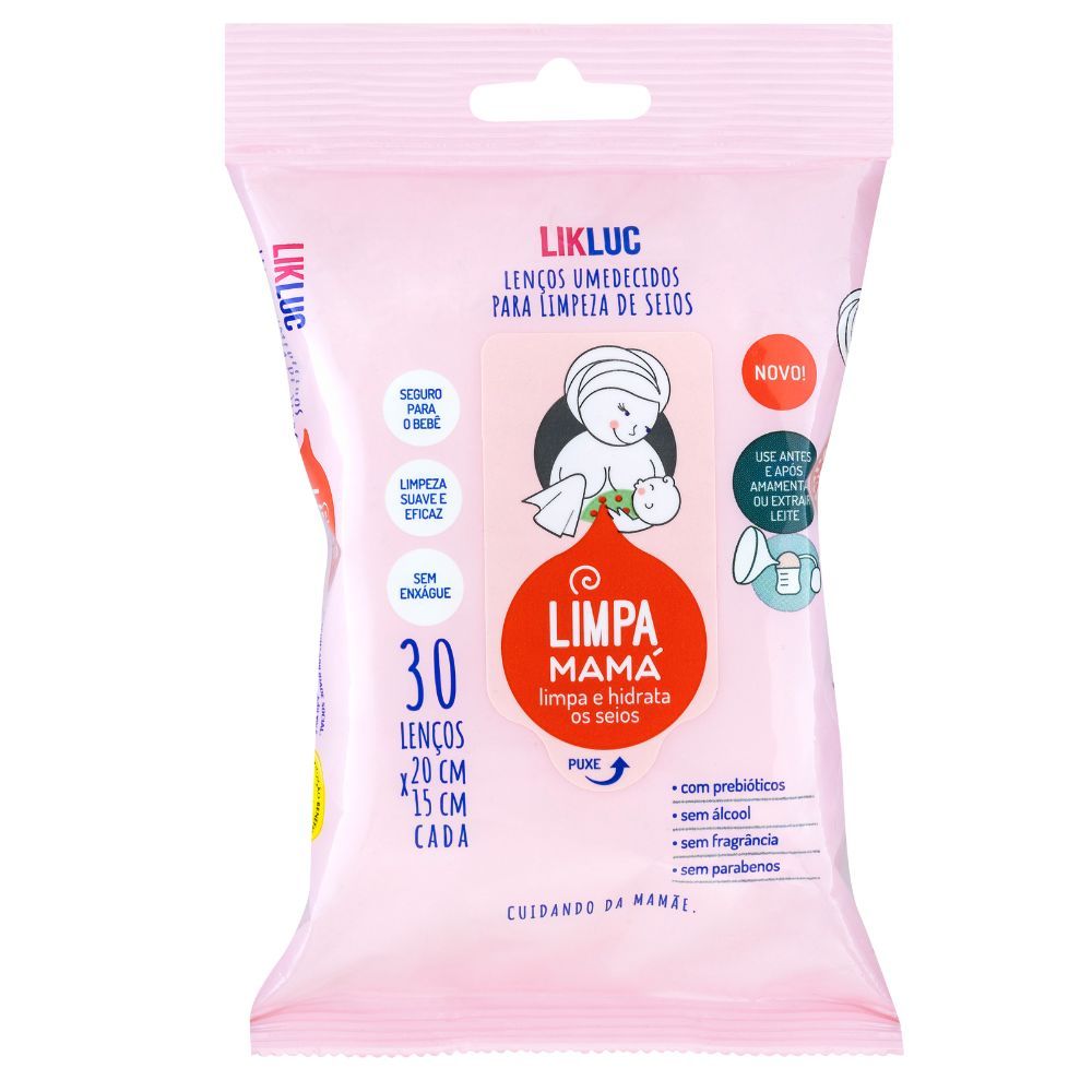 Lenço Umedecidos para Limpeza de Seios Likluc Limpa Mama com 30 Unidades