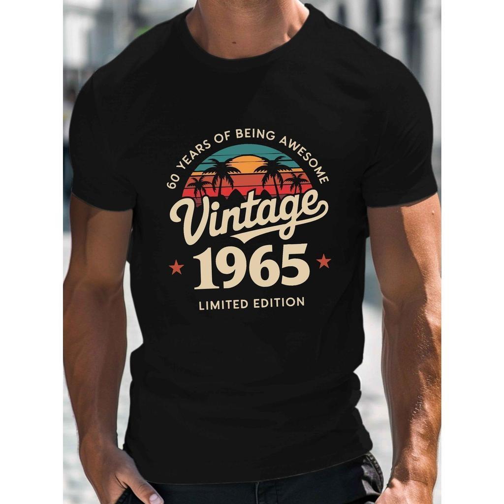 Camiseta Masculina Vintage 1965 - Edi??o Limitada de 60 Anos Incrível, Design Retr? com Palmeira e Geometria, Manga Curt