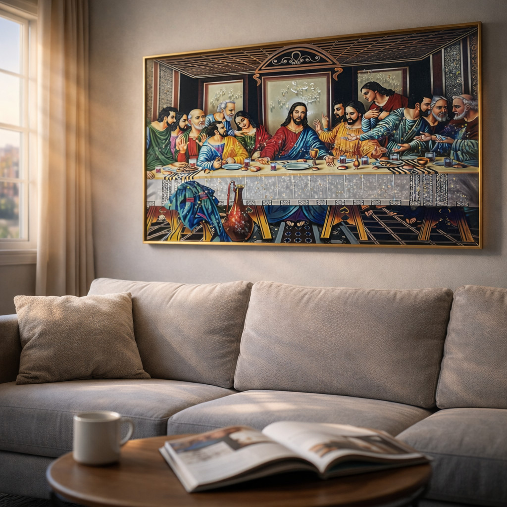 Quadro Decorativo Jesus Santa Ceia Resina Relevo Alumínio Dourado MDF 50x80 70x110cm Quadro Sala Jantar Igreja