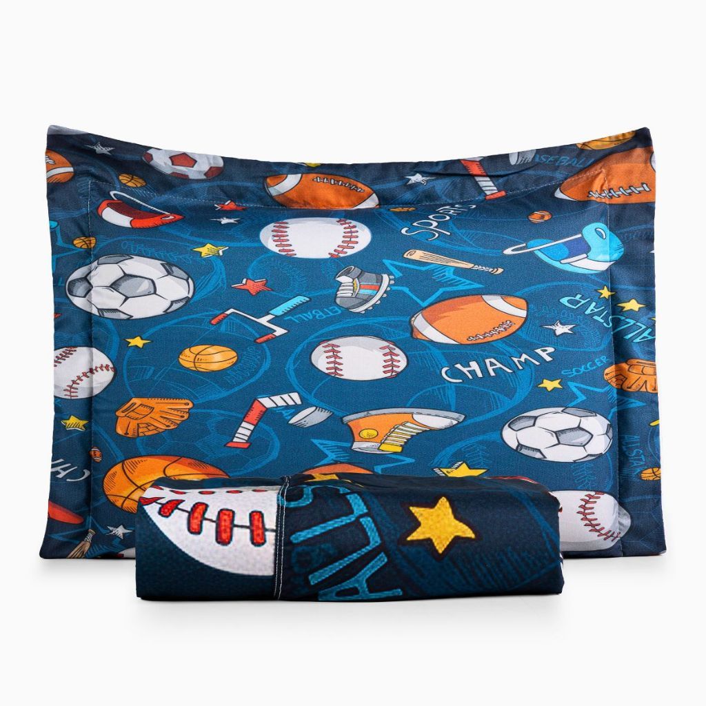 Jogo Lençol Roupa Cama Solteiro Avulso Elastico Toque Macio Quarto Menino Futebol Bola Azul Marinho
