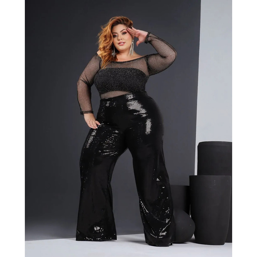 Conjunto Calça Paetê Flare Body Lurex Top Faixa Plus Size