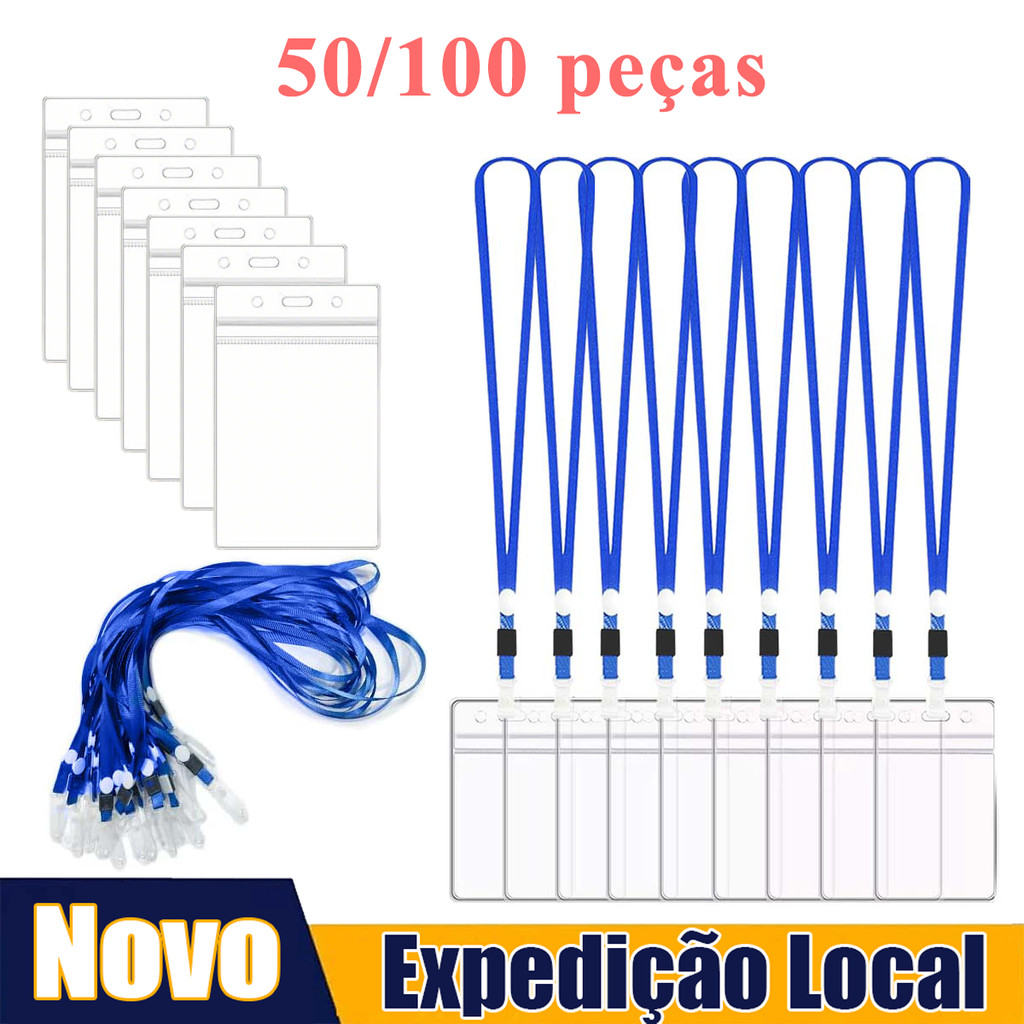 50/100 unidades porta crachá vertical com cordão azul, para eventos, empresas e estudantes em Oferta na Shopee