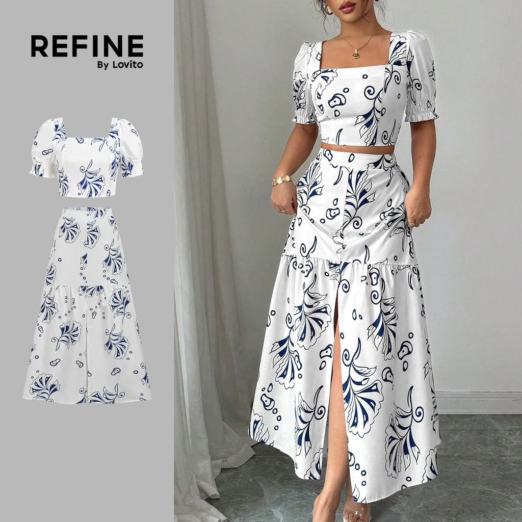 (Lovito Refine)  Tops ou Bottoms Elegantes Smocked com Fenda Estrutura Linha Primavera/verão para Mulheres LR32L007 em Oferta na Shopee