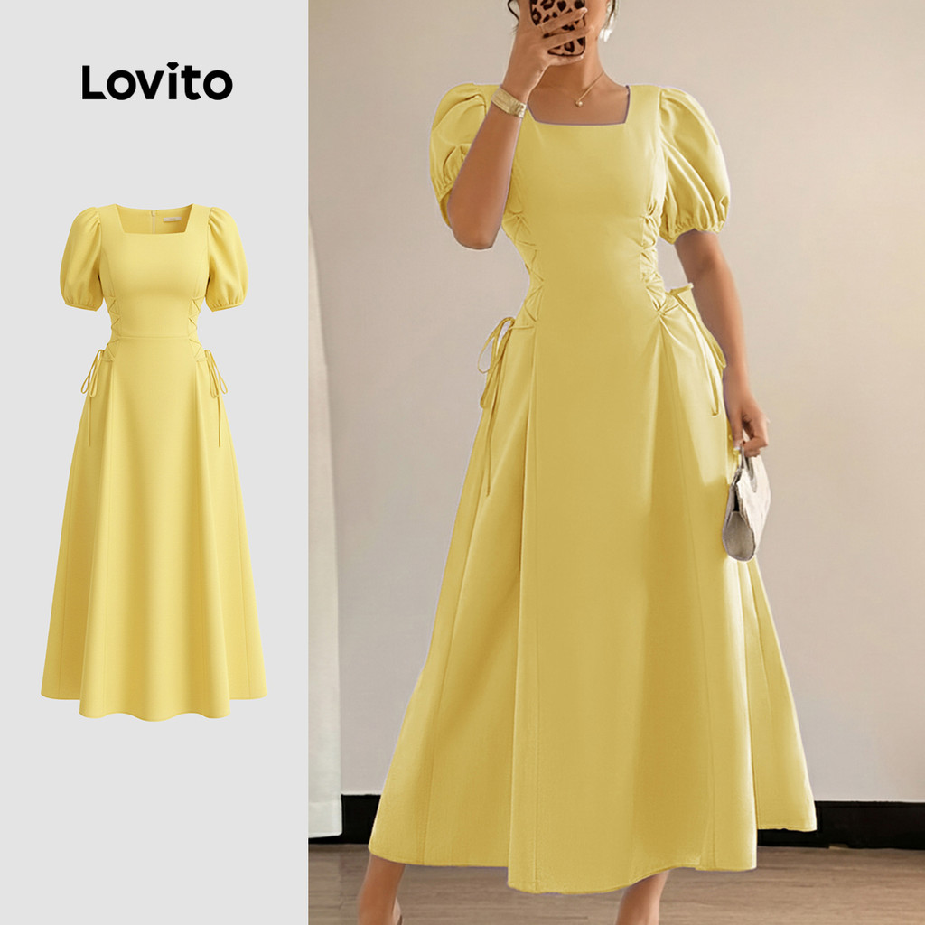 (Elegante) Lovito Vestido com cadarço e zíper primavera/verão vestido amarelo pa