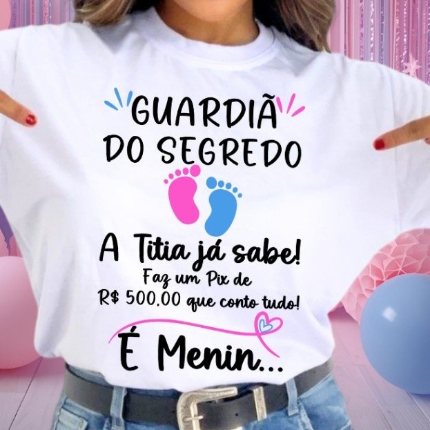 [Camiseta Premium em Algodão Puro]SISI Camisa Chá Revelação Guardiã Do Segredo Titia Já Sabe Pezinhos Rosa E Azul em Oferta na Shopee