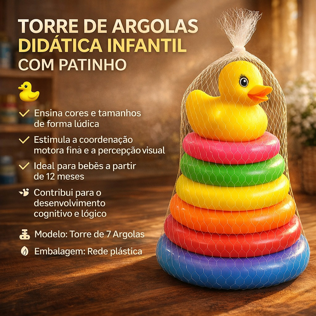 Torre de Argolas Infantil Educativo com Cores Vibrantes – Brinquedo Sensorial e Didático para Bebês e Crianças em Oferta na Shopee