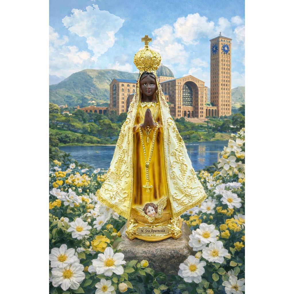 Imagem Nossa Senhora Aparecida 23cm Resina Premium Dourada com Detalhes Finos