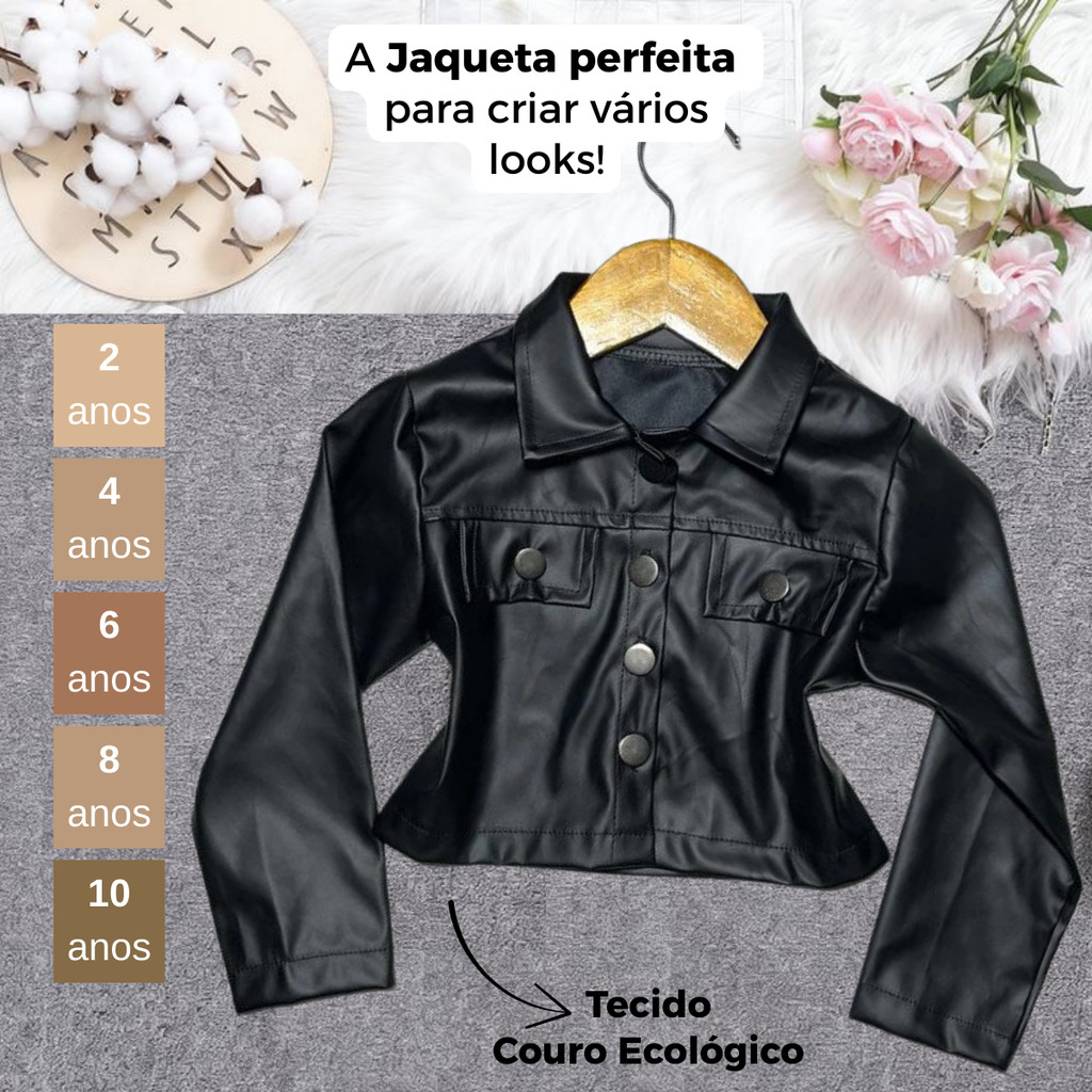 Jaqueta Feminina Infantil em Couro Ecologico Moderna 2 até 10 anos