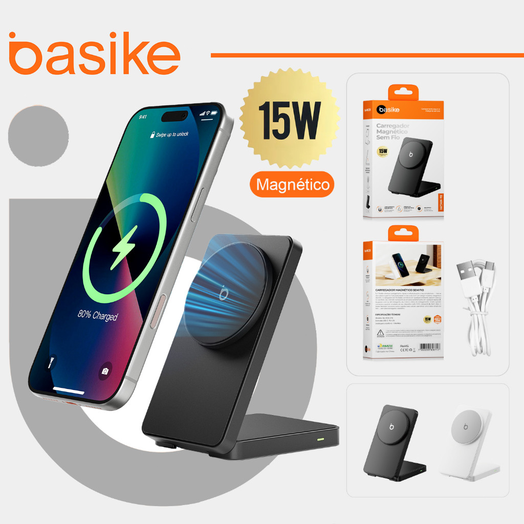 Basike 15w Suporte de Carregador Inducao Sem Fio Magnético Rápido Turbo Magsafe Portátil Dobrável