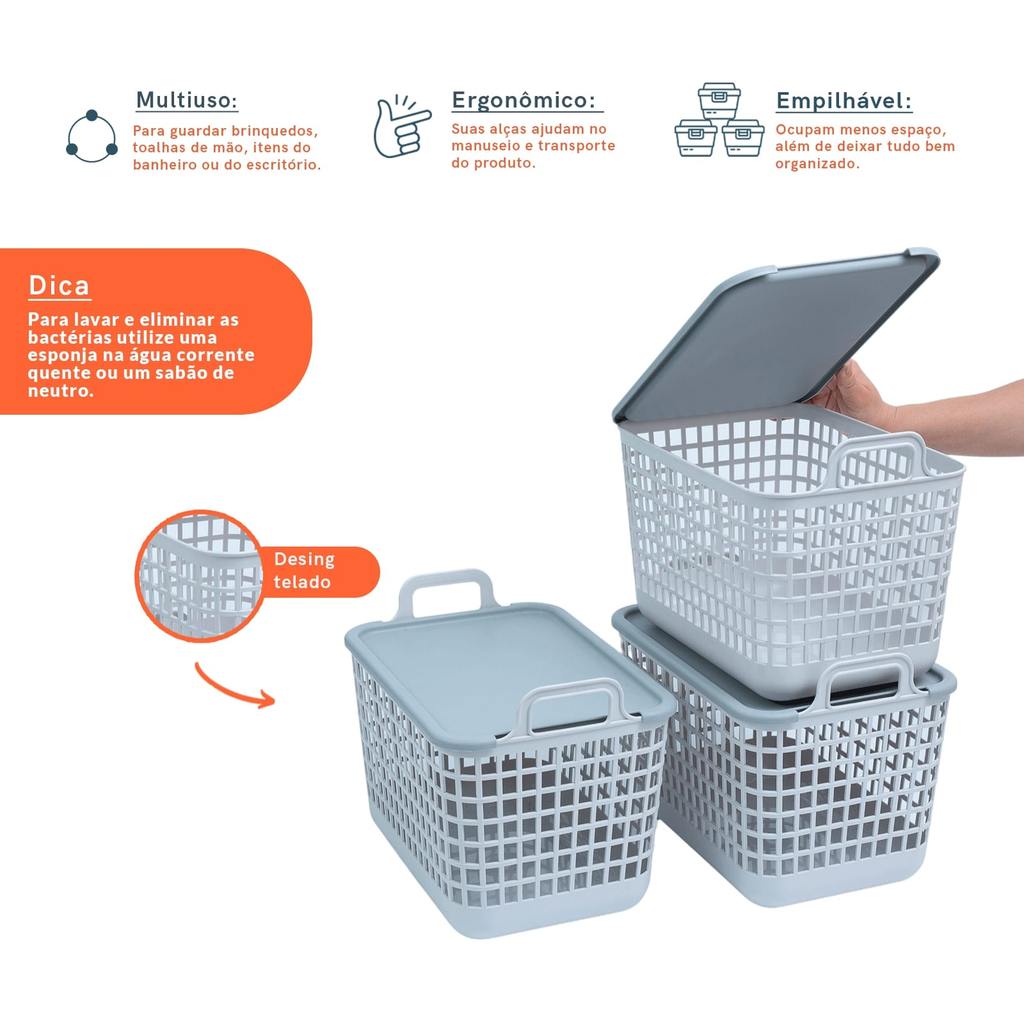 Kit 3 Cestos Telados com Tampa de Plástico 15l Cinza – Oikos — imagem 2 de 2