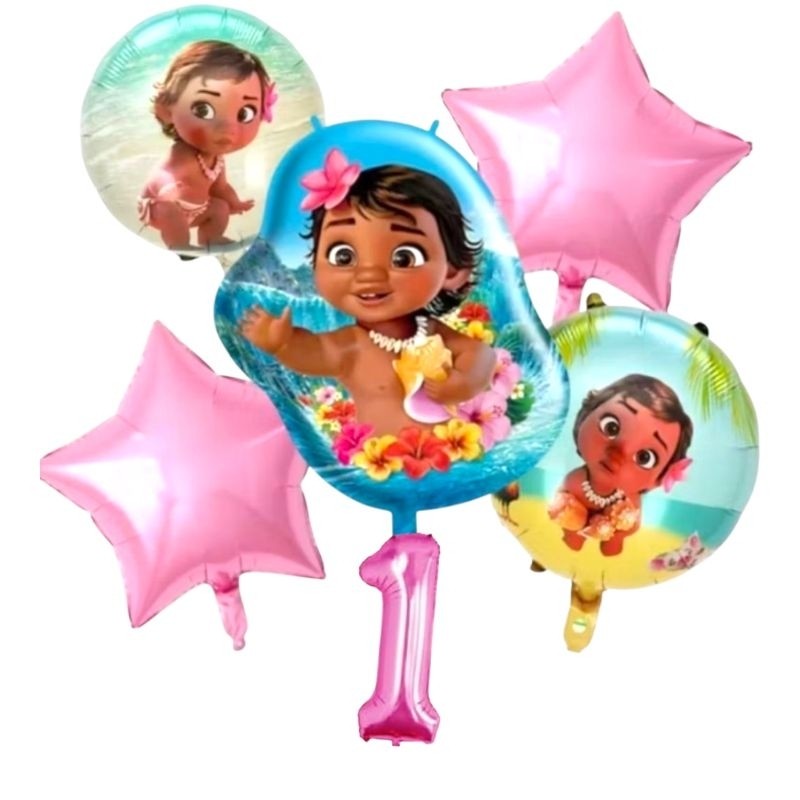 Kit c/4/5/6 balões Moana baby corpo mede 49 cm/redondo/estrela mede 45 cm/núero mede 40 cm/Decoração