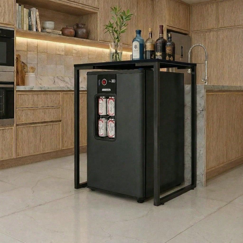 Mesa para Frigobar e Cervejeira Compacta com Pés em Aço Preto Área Gourmet 68X45X90 cm