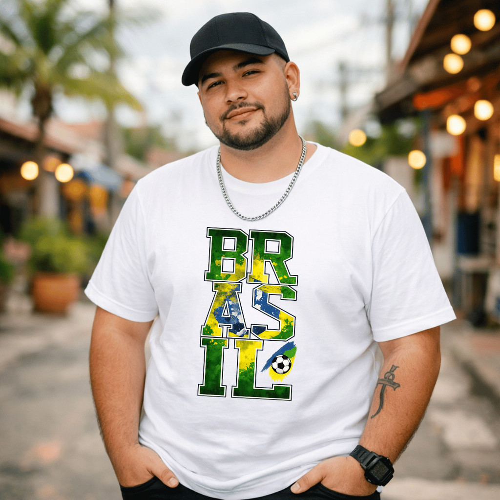 Camiseta Plus Size Masculina Estampada Brasil Copa do Mundo 100% Premium Manga Curta Casual Blusa Academia Camis