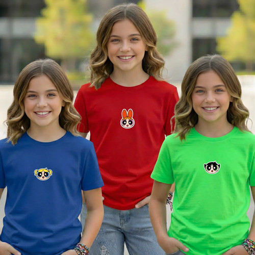 Kit 3 Camiseta Meninas Infantil Desenho Super Estampada Cartoon Poderosas Colorida Desenho