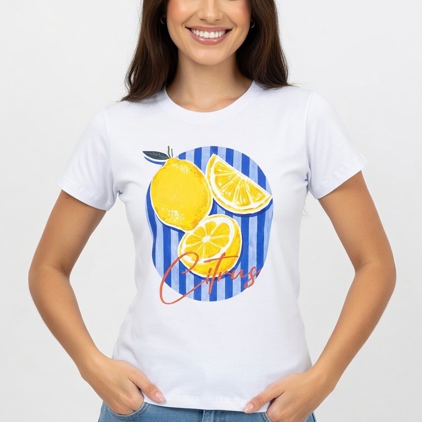 T-shirt Casual Baby Look Feminina  Algodão Premium 30.1 Confortável Estampa Limão Citrus Siciliano Verão Tendência