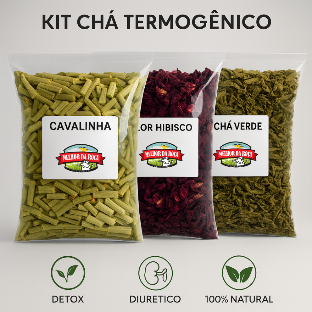Kit Chá Detox Desincha Hibisco Chá Verde e Cavalinha Diurético e Termogenico 300g
