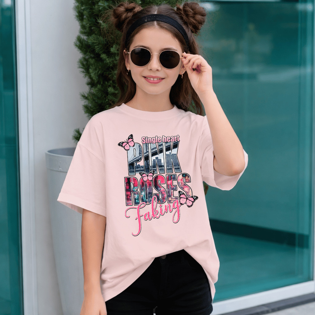 Camiseta Infantil Estampada Pink Roses Criança 100% Básica Manga Curta Unissex Masculina e Feminino Básica