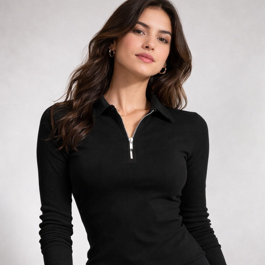 Polo Canelada Manga Longa Feminina Com Ziper Camiseta Malha ribana Camisa Premium Ribana