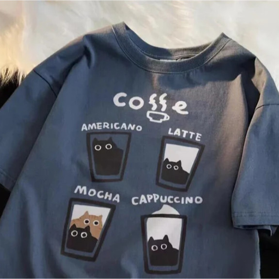 Camiseta Feminina Premium Com Estampa Cat Coffee Cafe versized 100% Algodão Premium Caffe Coffe