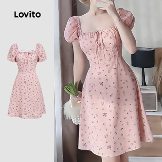Lovito Padrão de Vestido Casual Plissado com Laço Frontal Primavera/verão Vestido Rosa para Mulheres L177ED134 em Oferta na Shopee
