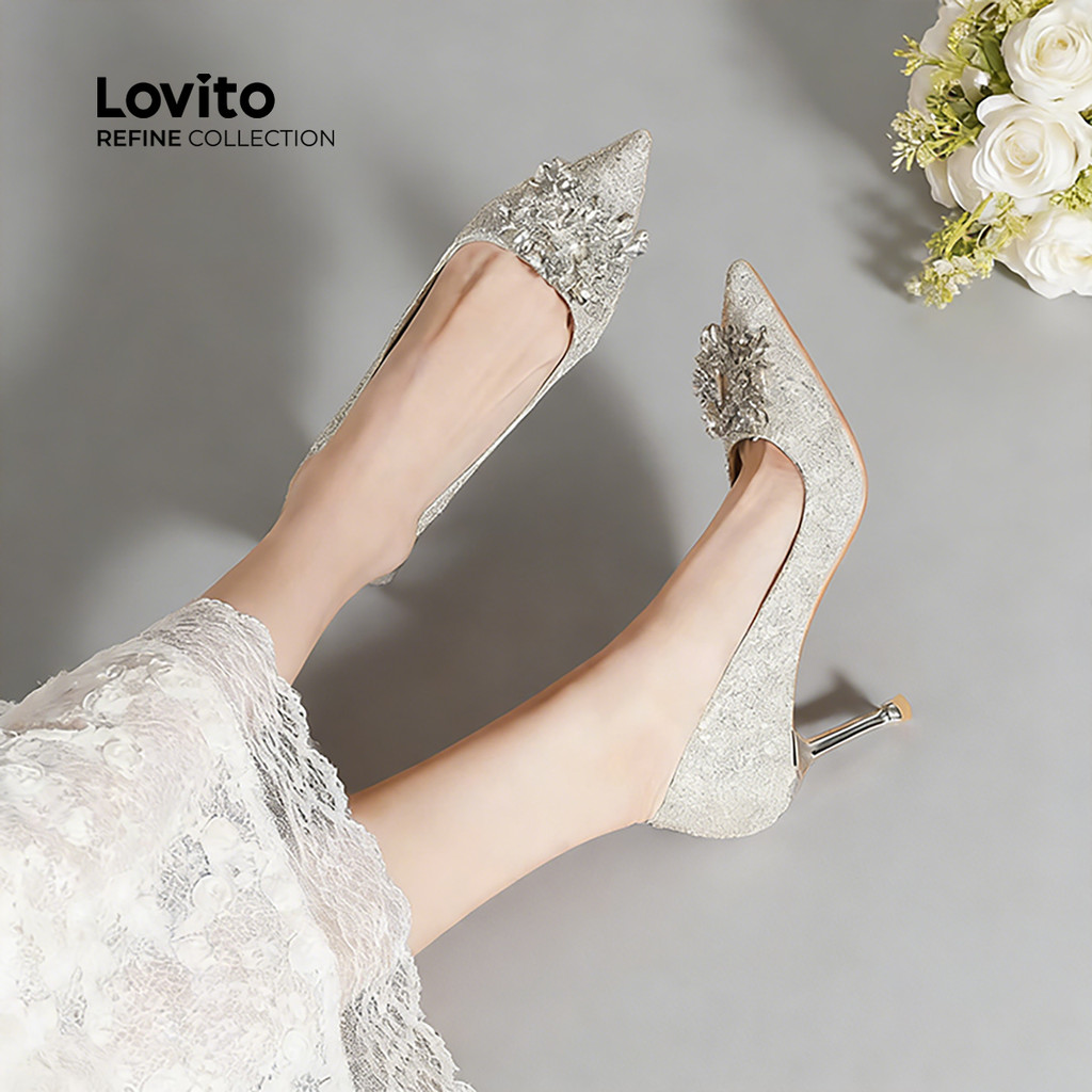 (Lovito Refine) Sapatos De Salto Alto Elegantes Com Detalhes Em Strass Dia Dos Namorados e Festa Para Mulheres LR31E008 em Oferta na Shopee