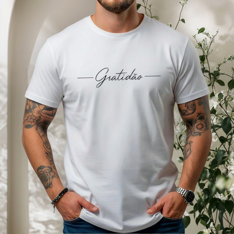 Camiseta Masculina Básica Gola Redonda Treino Frase Gratidão Algodão Premium Estilo Moda Casual Leve estilo academia