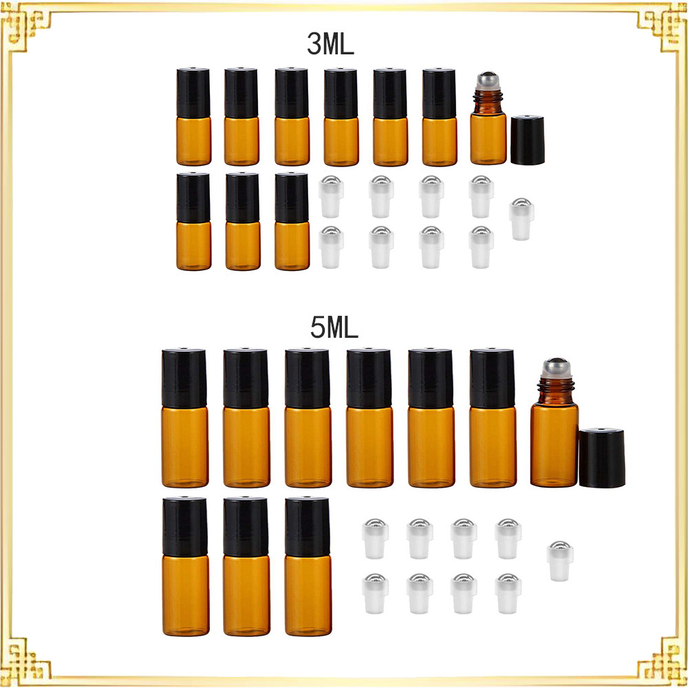 Sub-garrafas Roll-On estilo marrom com tampa de plástico preta 3ml/5ml vidro + Material plástico portátil com 10 peças