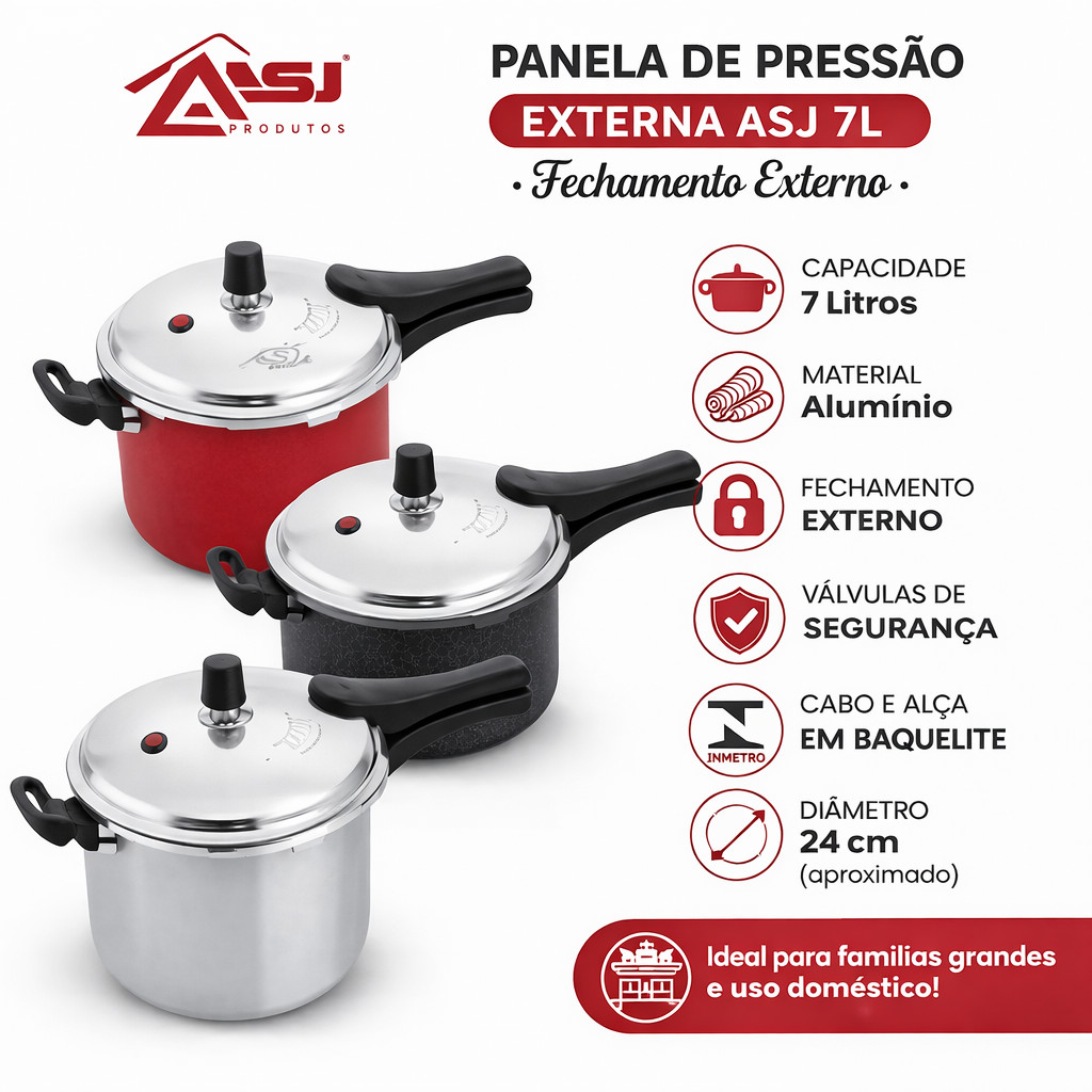 Panela de Pressão 7 Litros Fechamento Externo ASJ - Certificado Inmetro em Oferta na Shopee