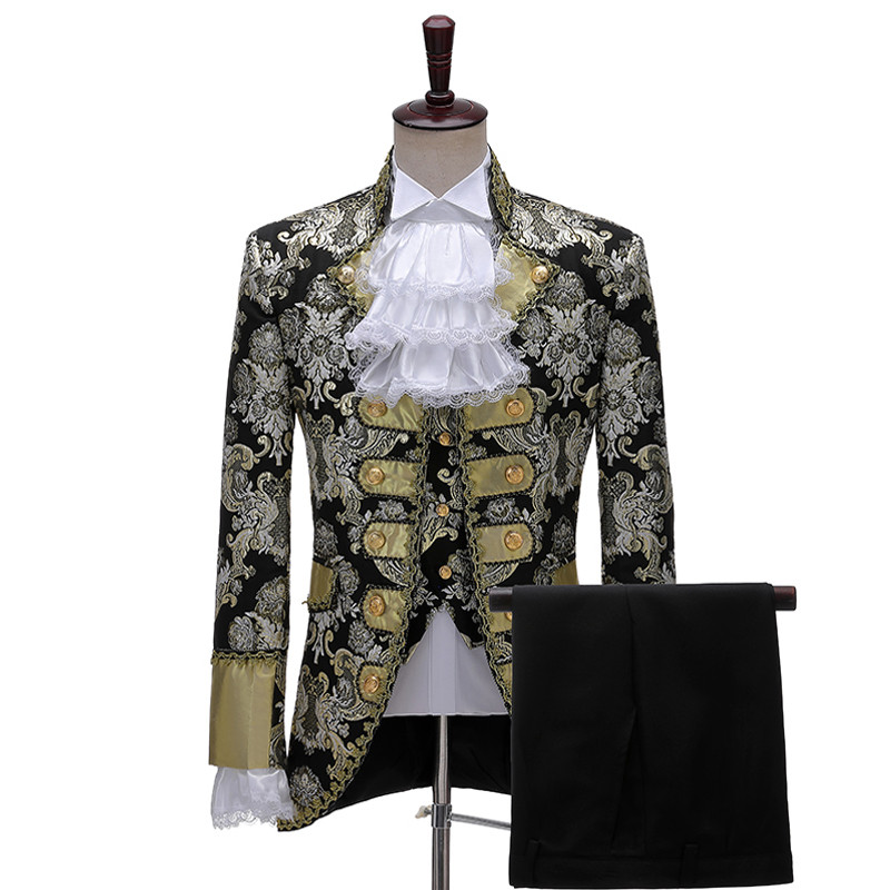 Europeu europeu masculino tribunal vestido preto ouro traje cavalo branco príncipe palco Retro europeu Drama desempenho