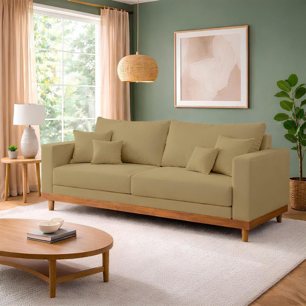 Sofá 3 Lugares Living Com Base Madeira Suede Balaqui Decor