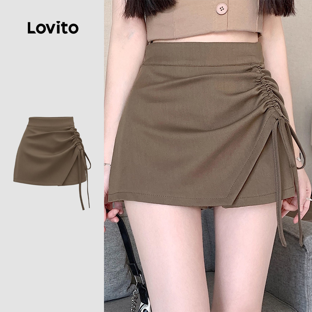 Lovito Shorts casuais com cordão e zíper primavera/verão shorts cáqui para mulheres LK3ED072 em Oferta na Shopee