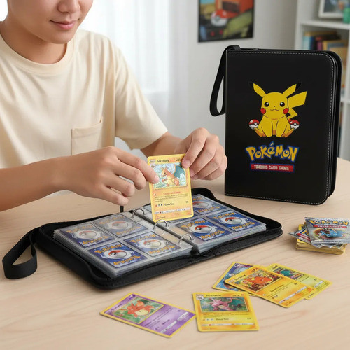 Album Pasta Fichário P/ 400 Cartas Pikachu Pokemon C/ Ziper Preto