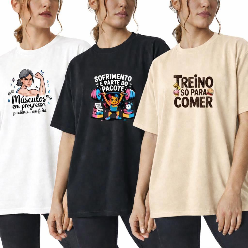Kit 3 Camiseta Feminina Algodão Premium Adulto Plus Size Infantil Streetwear Casual Over Mulher Academia Treino Comer