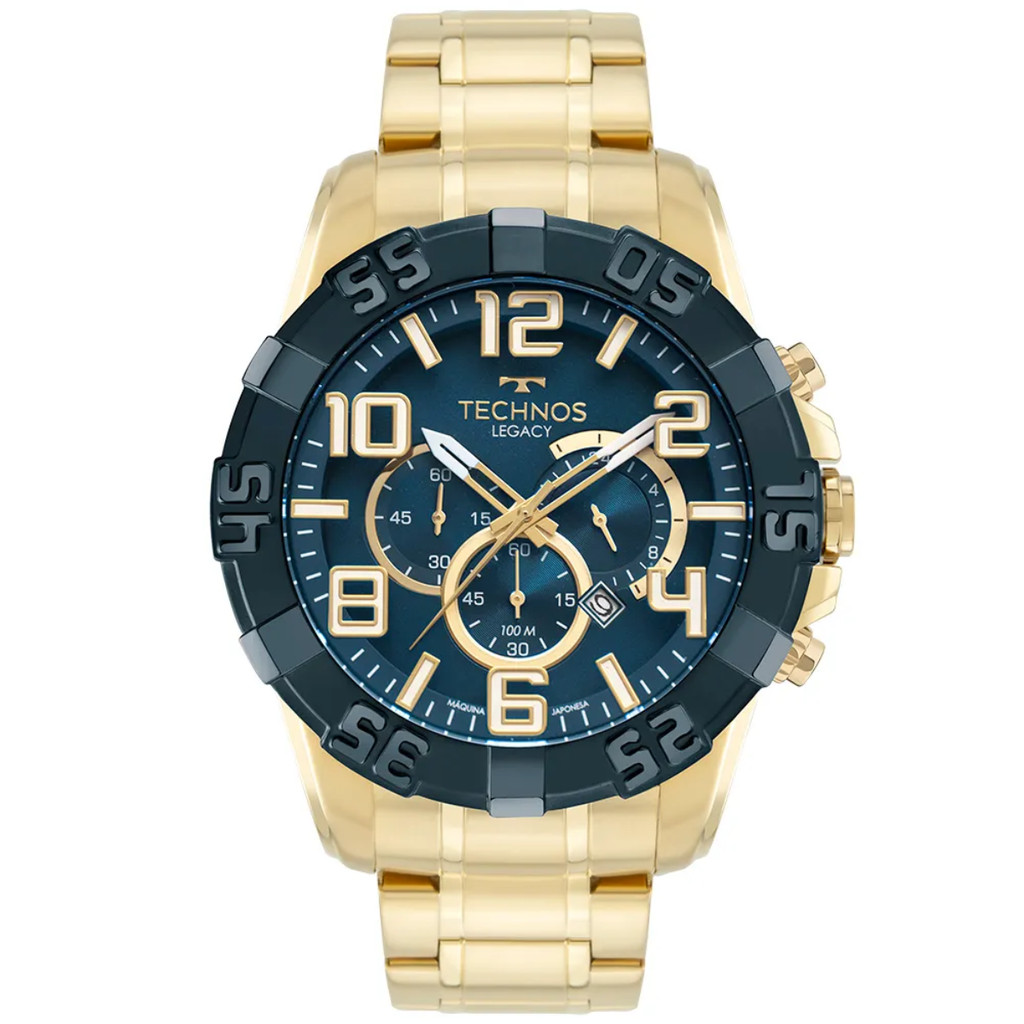 Relógio Pulso Masculino Technos OS20IQS1A Legacy Dourado Fundo Azul Analogico Pulseira Aço Prova D'água 100m